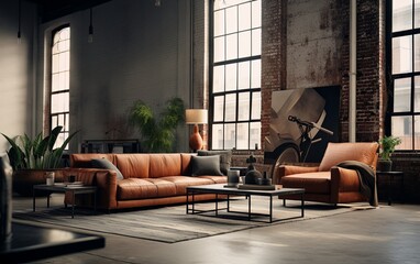Modern Industrial Loft Living Room With Large Windows and Cozy Leather Furniture