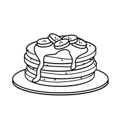 A plate of pancakes with bananas and syrup on it. Line vector art. Delicious breakfast food illustrations.