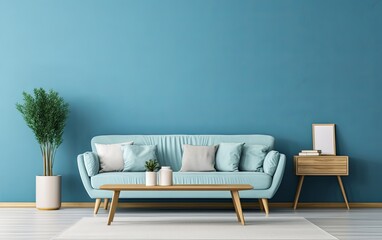 A photograph of a modern and cozy living room with a blue wall texture background