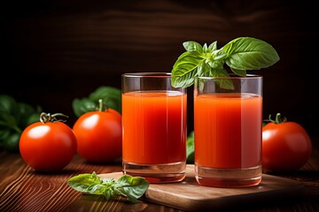 Fototapeta premium Refreshing tomato juice in two glasses with fresh tomatoes on a rustic wooden table