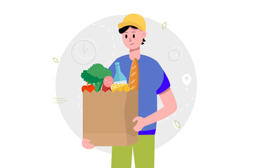 Delivery man holding a paper bag with food. The concept of fast home delivery. illustration.