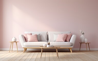 A stylish Scandinavian-inspired living space with a sofa, coffee table, and pastel tones