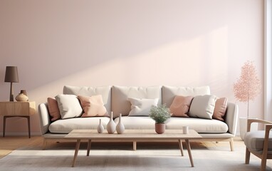 A stylish Scandinavian-inspired living space with a sofa, coffee table, and pastel tones