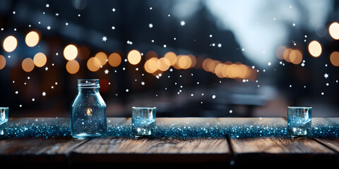 Fototapeta na wymiar Snow covered wooden bench with lights