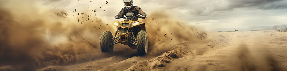 Fototapeta na wymiar Rider on quad bike in dust path. Desert rider in action.