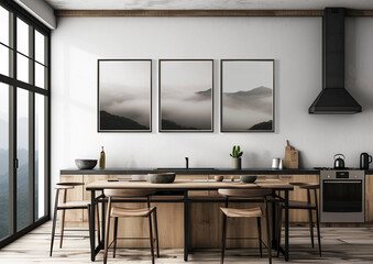 3 frames mock up in contemporary rustic kitchen