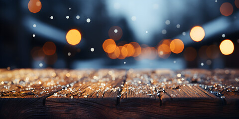 Snow covered wooden bench with lights
