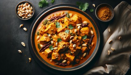 A Thai Massaman Curry Chicken, pieces of potato on the view of a top view - obrazy, fototapety, plakaty