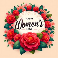 Women's day vector design. Womens day greeting text with red camellia flowers background for woman international celebration