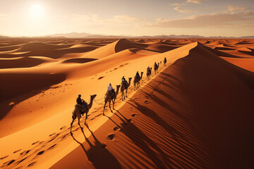 Camel caravan in desert sand dunes