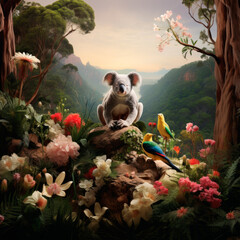 Obraz premium A koala, surrounded by brightly colored flowers and parrots, on a dark background. Wildlife Conservation. Popular tourist destinations in Australia. Abstract background with animals
