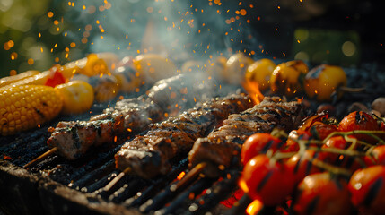 Various vegetables and meat grilling on a barbecue over the hot coals - obrazy, fototapety, plakaty