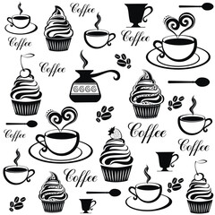 Coffee seamless pattern of coffee cups, makers for cafeteria design. Vector background of coffee beans, hot tea mugs with steam and chocolate drinks pattern for coffeeshopp