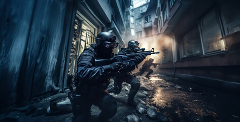 soldier with gun, soldier with rifle, military combat, police officers shooting at a building - obrazy, fototapety, plakaty