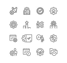 Set of management related icons, containing project, technical service, time management, compliance, data management, ranking, appointment and linear variety vectors.