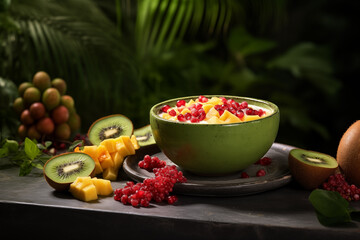Exotic Bliss - Luscious Smoothie Bowl Amidst Tropical Greenery. AI Generative