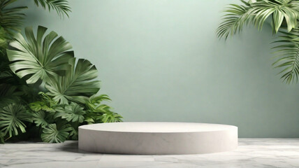 White marble stone pedestal, simple round stand with green tropical plants around. Product presentation concept.	

