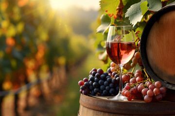 Wine glass and grapes atop oak barrel in vineyard at dusk - obrazy, fototapety, plakaty