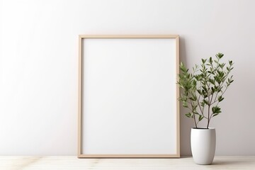 White light frame mockup with green plant in a pot on a floor. Frame with copy space. Minimalistic interior design with empty frame and plant