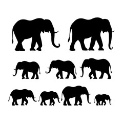 Elephant silhouette. Animal Family with baby elephant hand drawing art and vector illustration