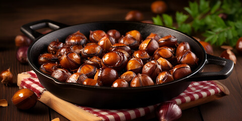 Cracked Chestnut,Roast Chestnuts,Roasted chestnuts in iron skillet,chestnut texture, roasted chestnut, seasonal snack, winter treat, chestnut opening, nutty aroma, 