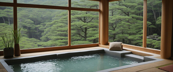 Japanese hot spring bath. Background, luxury bath, relaxation concept