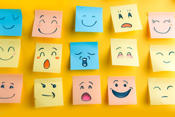 Testimonial rating concept with emotion faces on colorful sticky notes on yellow background. various different mood faces drew on sticky notes, cute colorful hand-drawn emoji drawing wallpaper concept