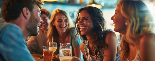 A group of happy young friends, everyone is smiling, they are drinking in a bar celebrating a happy hour. - obrazy, fototapety, plakaty