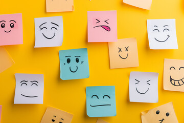 Testimonial rating concept with emotion faces on colorful sticky notes on yellow background. various different mood faces drew on sticky notes, cute colorful hand-drawn emoji drawing wallpaper concept