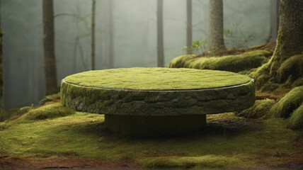 Empty round stand hidden in the middle of fantasy fairy tale magical forest. Flat stone podium under soft moss during foggy morning, majestic green scene.
