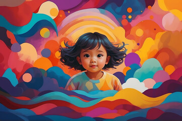 A child in a colorful imaginary world, ASD, autism spectrum disorder, child mental health awareness concept, generative AI