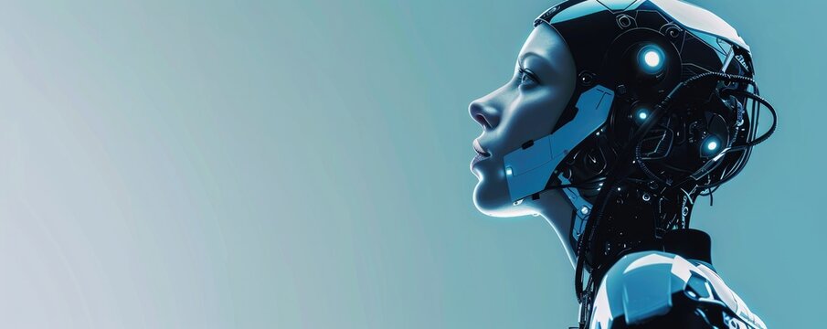 Side view of amazing humanoid head representing future technology and artificial intelligence with free space for your text. Artificial intelligence theme.