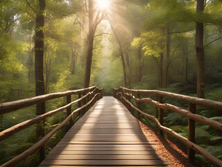 A wooden footbridge winding through a dense forest, with sunlight streaming through the canopy above.