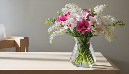 A fresh flower bouquet decorates the table indoors