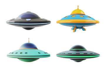 3d illustration of UFO flying saucer animation. Collection of aliens and UFOs isolated on transparent background.