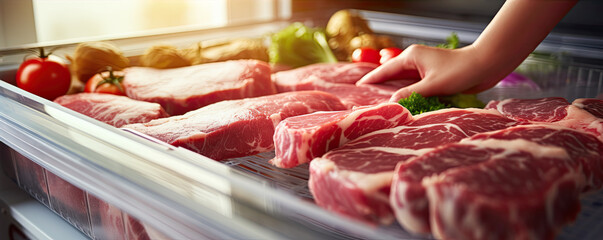 Woman taking out a raw meat from refrigerator. Cooled meat preaperd for cooking