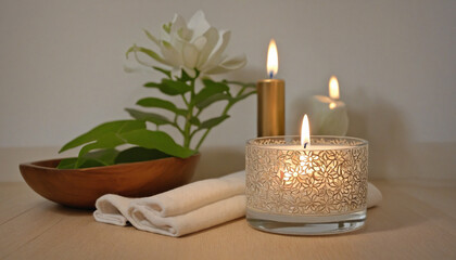 Relaxation therapy candle flame, aromatherapy, luxury, decoration, indoors, nature Spa background