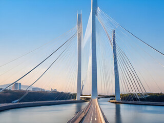 A cable-stayed bridge resembling a harp, with its cables stretching gracefully from the towers to the roadway.
