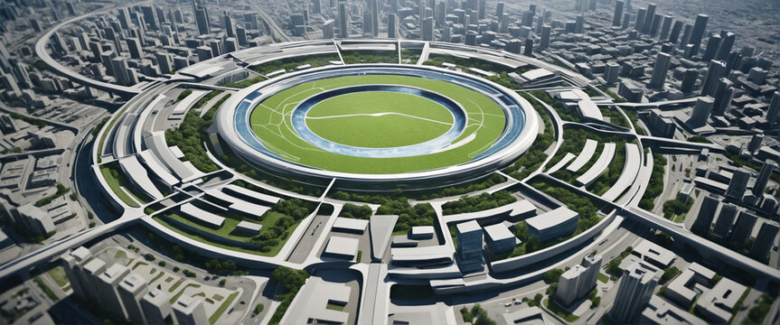 Future metropolis or city with circular city structure. City planning, urban development. 