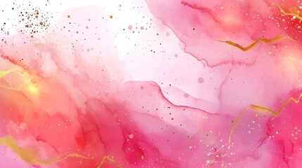 Abstract background with paint splashes and golden lines. Pink colored.