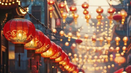 Lunar New Year holiday background. Red Chinese lanterns on beautiful bokeh background with...