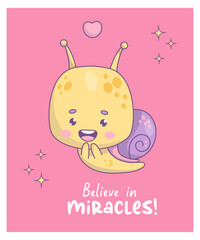 Funny snail kawaii character. Comic insect in trendy retro style. Cool vector illustration with slogan in 70s style .