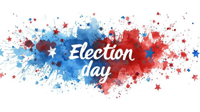 Election day - lettering calligraphy. Abstract background with watercolor splashes in flag colors for United states of America with painted blots and stars. USA holiday concept.