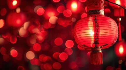 Lunar New Year holiday background. Red Chinese lanterns on beautiful bokeh background with...