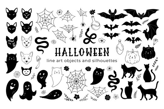 Halloween Hand Drawn Icon Set with Cats, Ghost, Pumpkin and Spider. Scary Design Elements Graphic Collection. Vector Illustration Isolated on White Backround. Halloween Decor Silhouette Doodle Style.