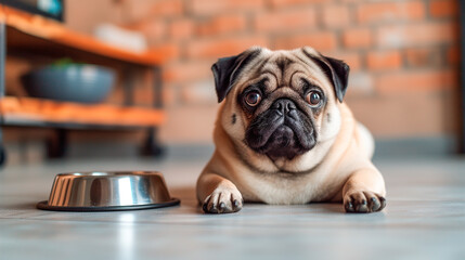 Portrait of a cute funny pug breed dog sitting on the dining room floor near a bowl of dry dog food.
