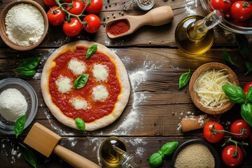 Raw Dough for Pizza Preparation with Ingredient: Tomato Sauce, Mozzarella, Tomatoes, Basil, Olive Oil, Cheese, Spices Served on Rustic Wooden Table - Flat Lay Style. Italian Pizza Margheritafood