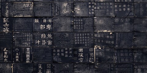 Generative AI, vintage grunge Japanese calligraphy letters collage black background. Different textures and shapes