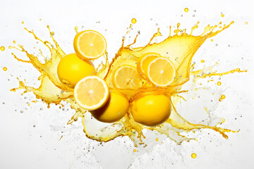 Lemon juice splash with fresh lemon fruits background - obrazy, fototapety, plakaty