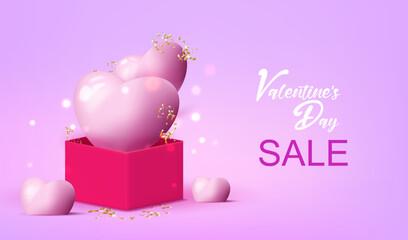 Happy Valentine's Day holiday sale banner vector. Greeting love card on violet background with 3d balloon hearts, gift box and confetti. 14 February discount illustration.